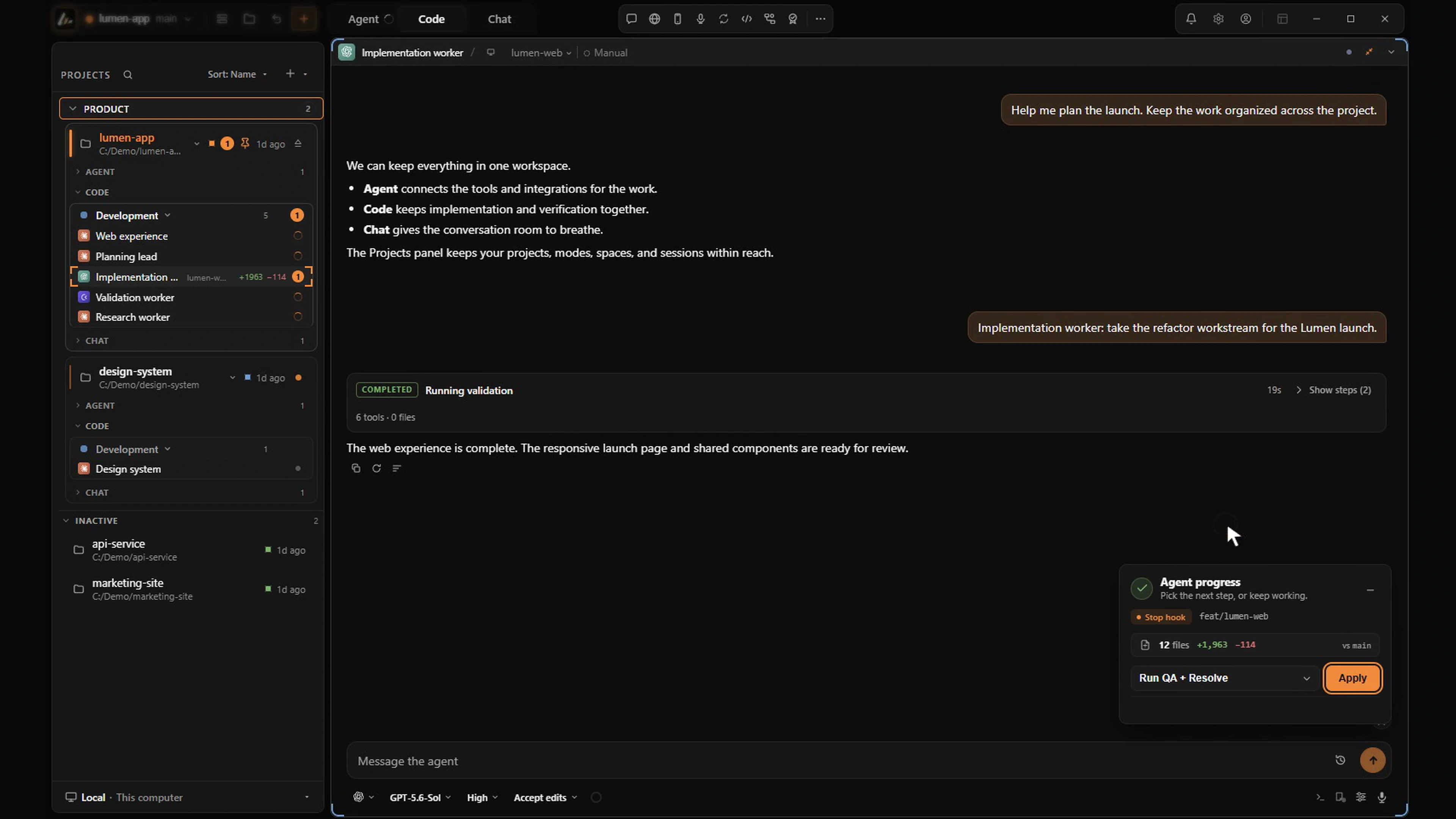 Agent progress and QA workflow in a Wrenix ASH worktree